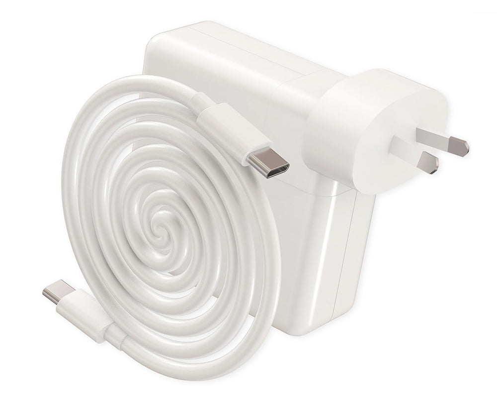 96W MacBook charger with smooth white plastic finish