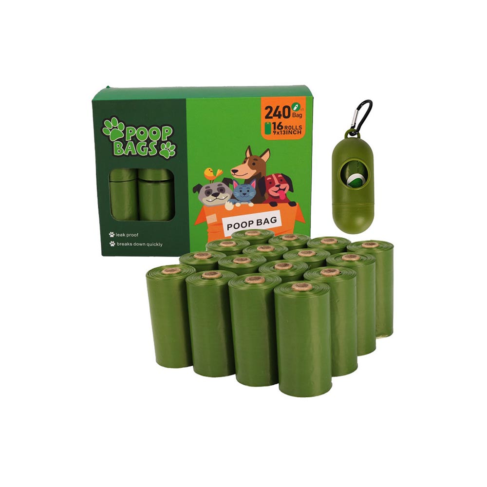 Rolls of biodegradable dog poo bags with dispenser