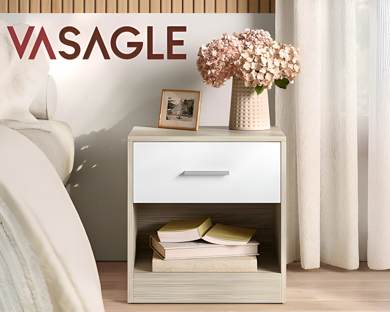 Side view showing compact bedside table