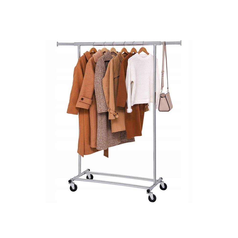 Metal garment rack holding heavy winter coats