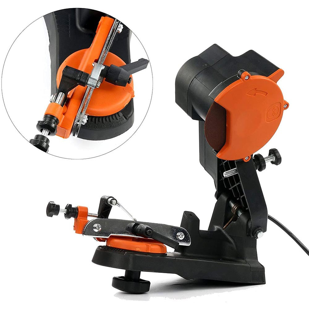 Chainsaw sharpener grinder mounted on workbench
