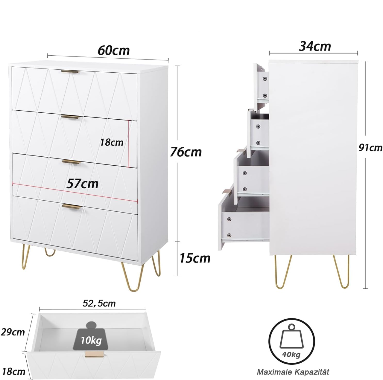 Tallboy Chest of Drawers -  4-Drawer Dressers for Bedroom (White)