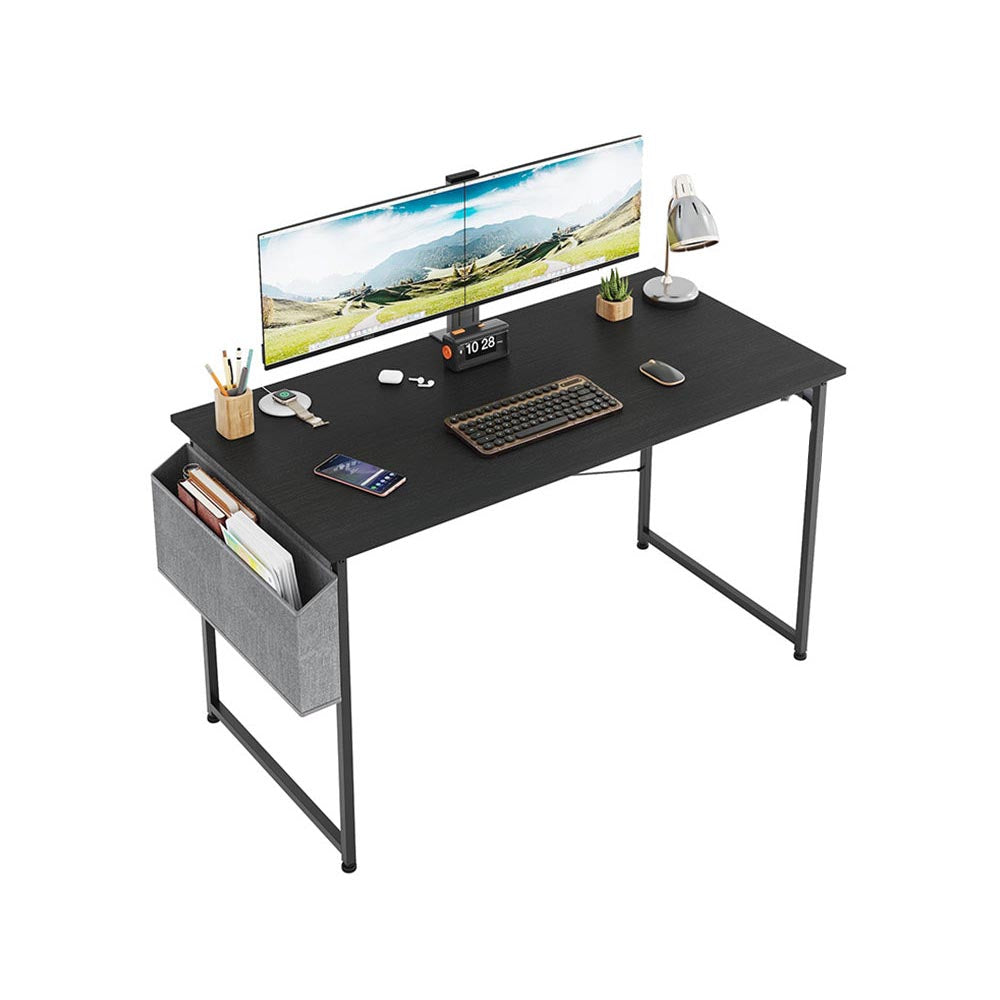 Black desk with steel X bar for stability