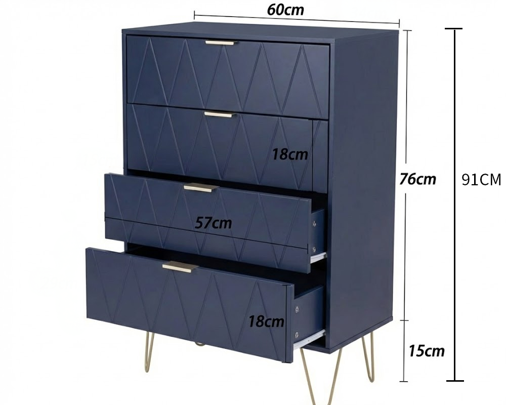 Waterproof finish on navy blue tallboy chest of drawers