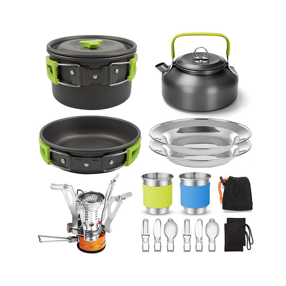 Complete camping cookware set with teapot and lid