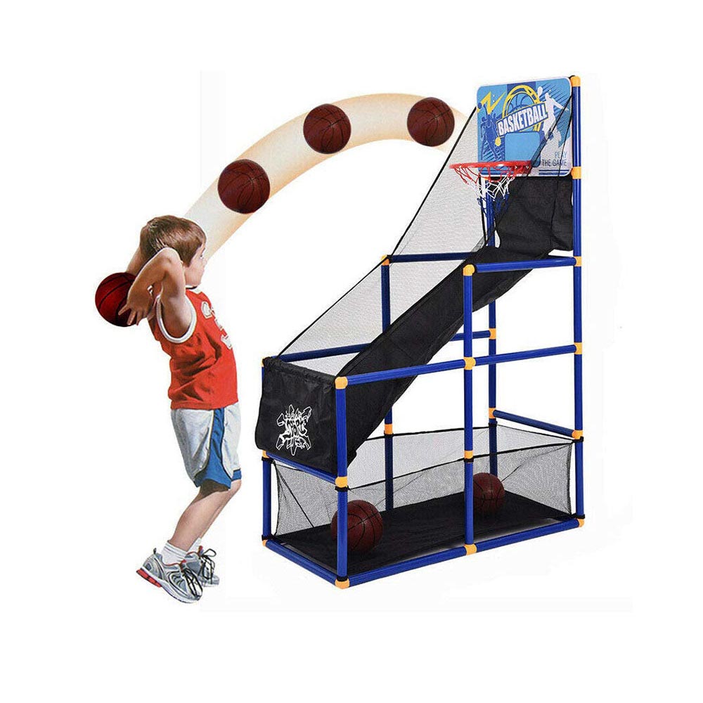 Basketballs arranged beside adjustable hoop