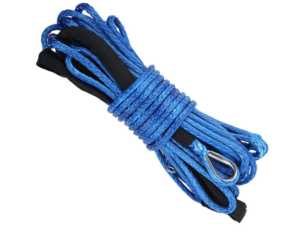 Blue synthetic winch rope coiled with metal loop