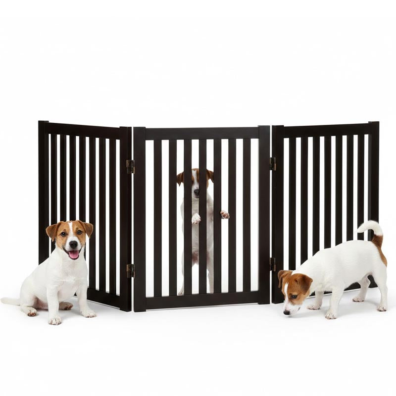 Grey wooden pet safety gate with three panels