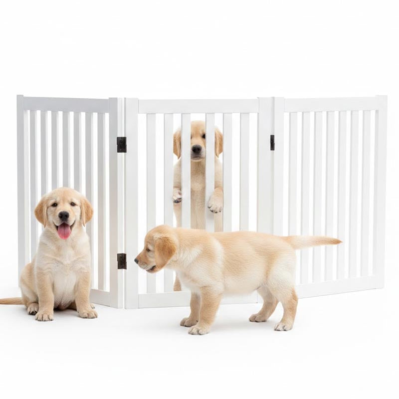 Grey folding pet gate ready to use