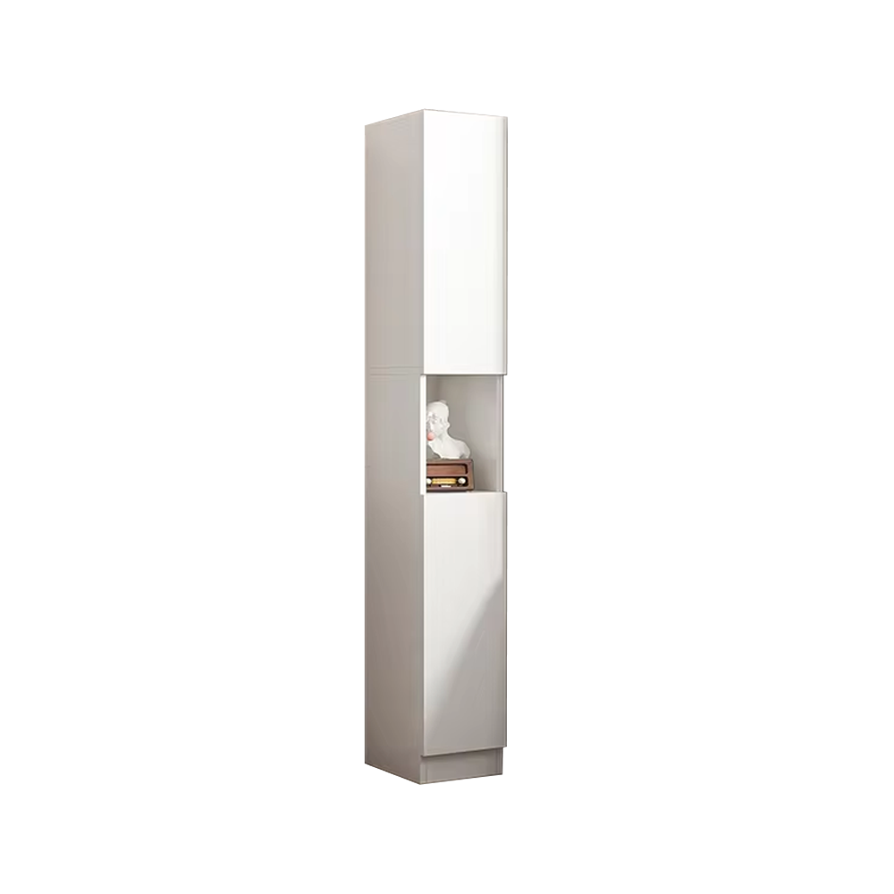 Bathroom tower cabinet shelves with organised items