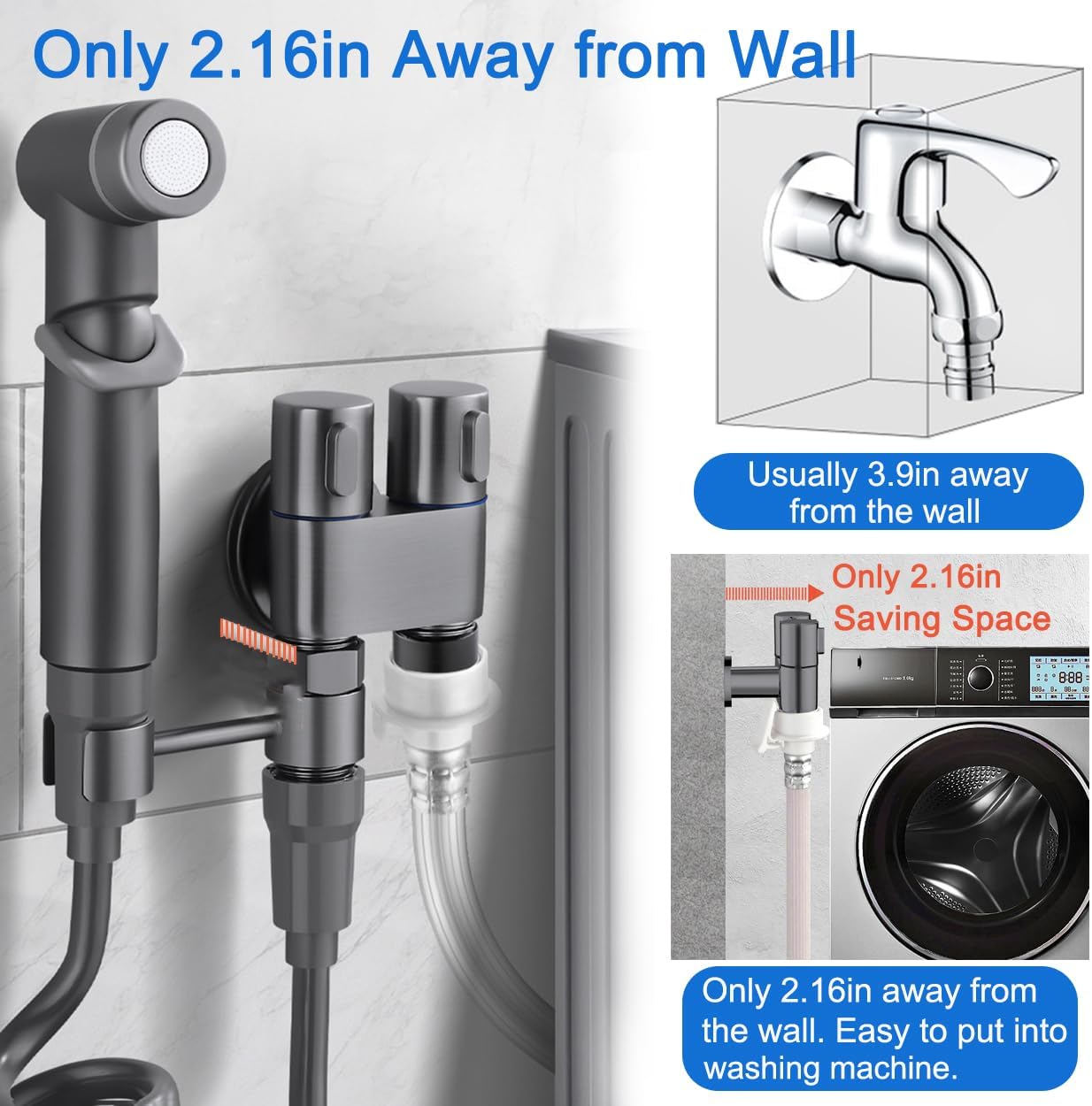 Close-up of stainless steel bidet nozzle and brass valve