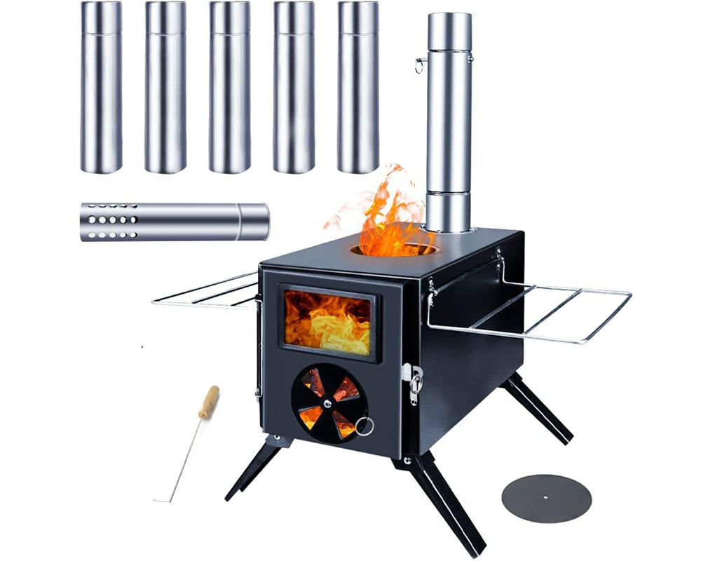 Camping wood stove in use at outdoor campsite