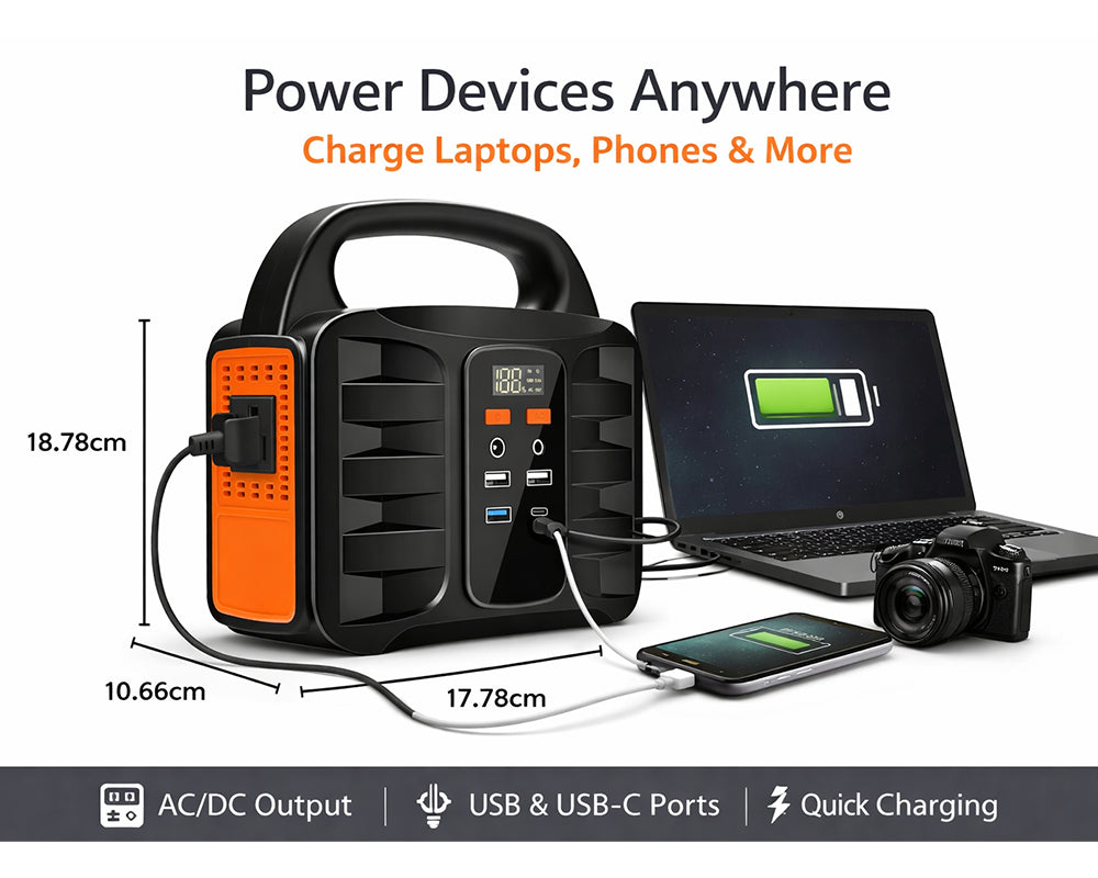Close-up of USB and USB-C ports on portable generator charger
