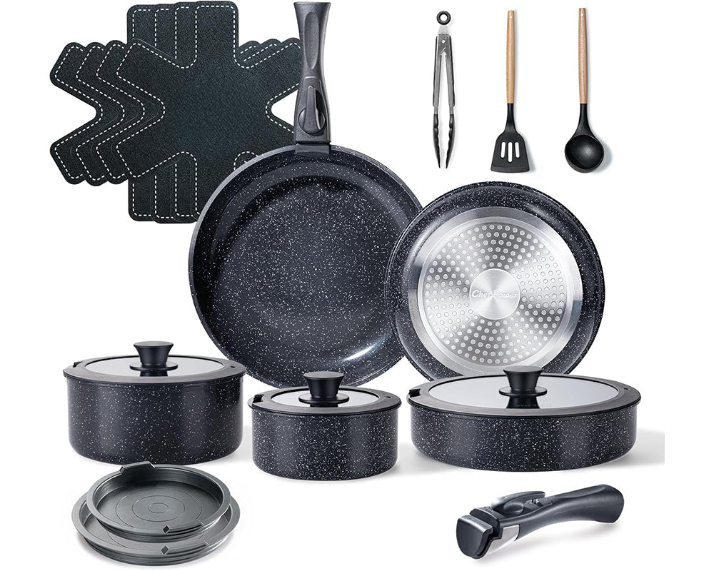 Cookware set with included utensils and locking tongs