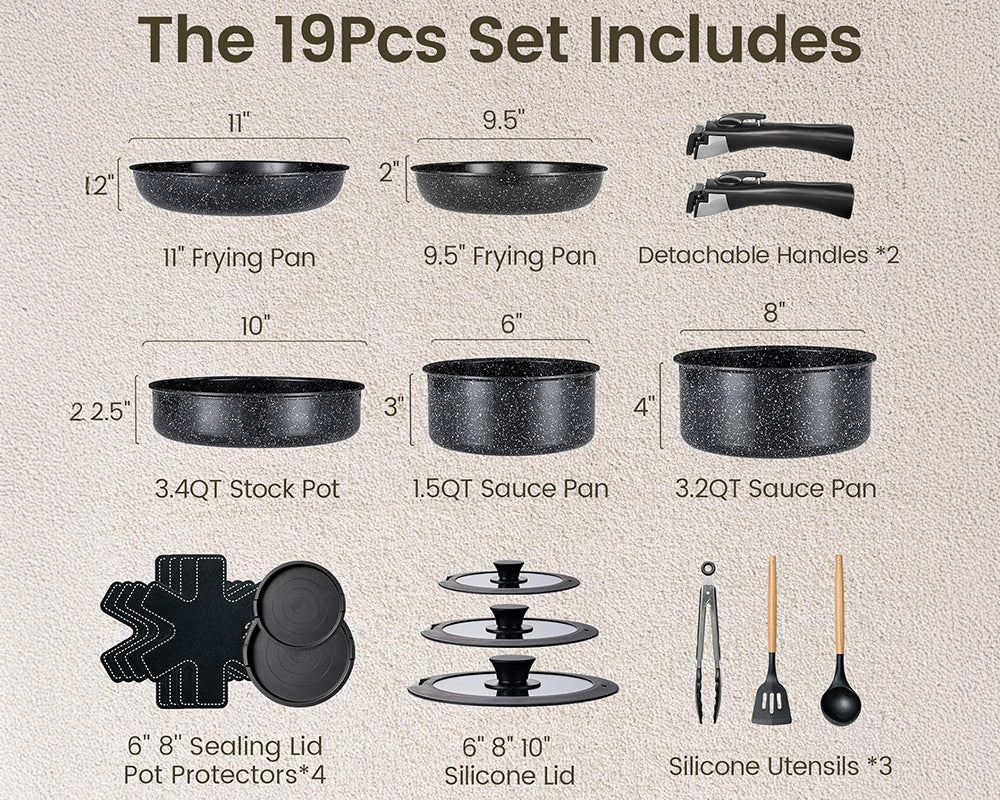 19 Piece Nonstick Induction Cookware Set With White Granite Finish