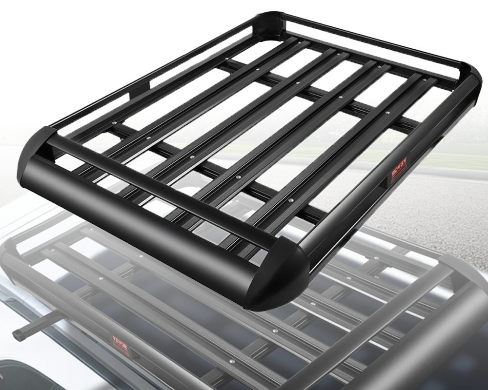 Universal roof rack basket with weatherproof design in outdoor setting