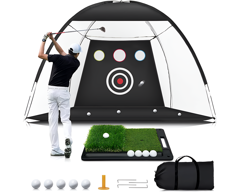 Golf net with reinforced corners and ground stakes