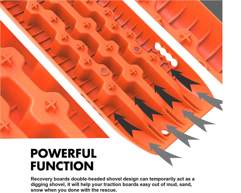 Recovery tracks curved design doubles as shovel