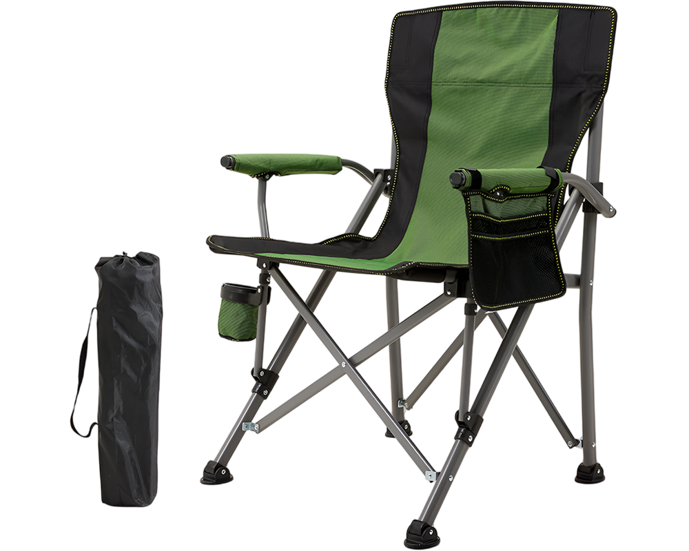 Green folding camping chair ready for use