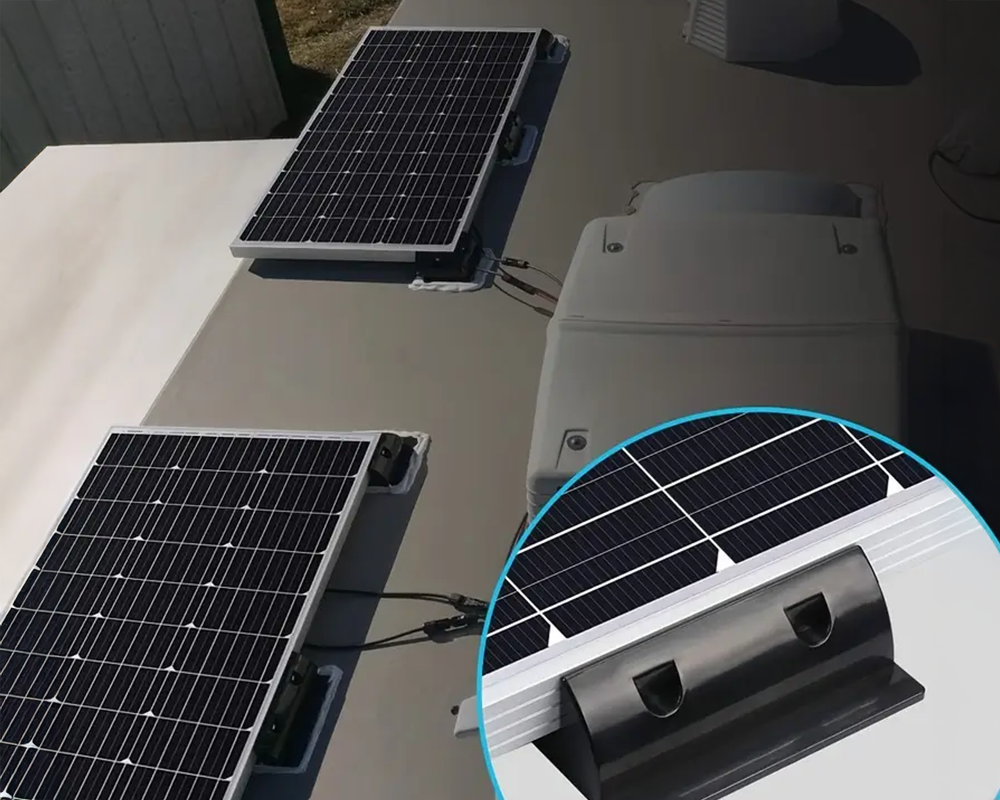 Solar panel mounting kit installed on RV roof