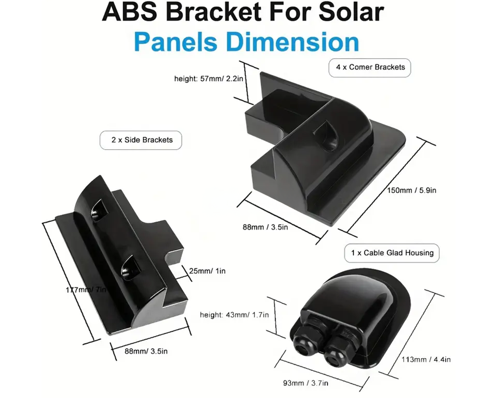 Black solar panel mounting kit components