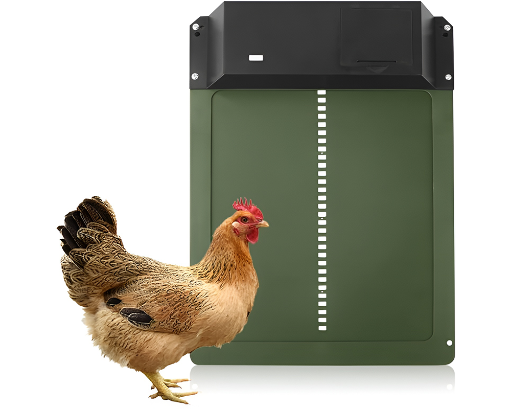 Compact chicken coop door opener measuring 35 by 24 cm