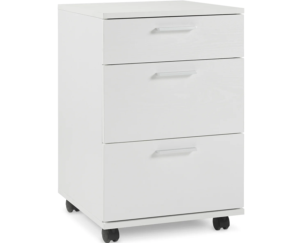 Office filing cabinet with wheels demonstrating brake lock on wheels