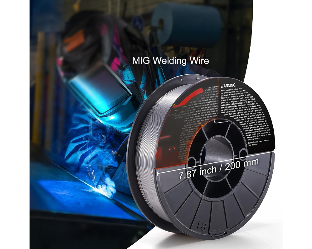 Side view of MIG welding wire spool showing label