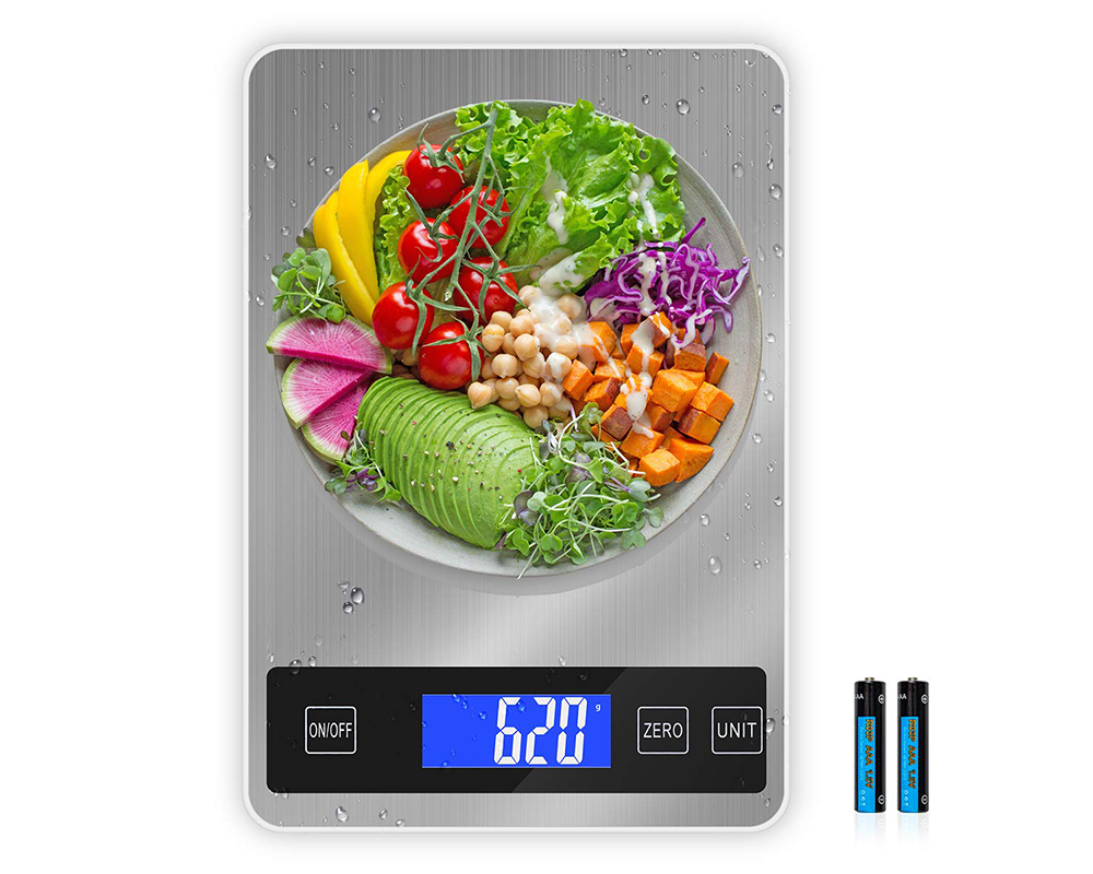 Silver kitchen scale on wooden kitchen bench