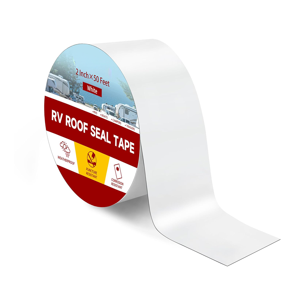 RV tape protecting trailer roof from rain
