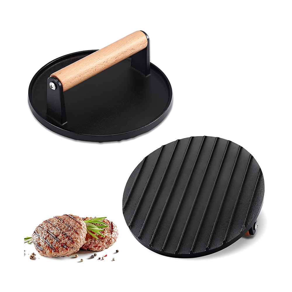 Cast iron smash burger press with smooth black finish
