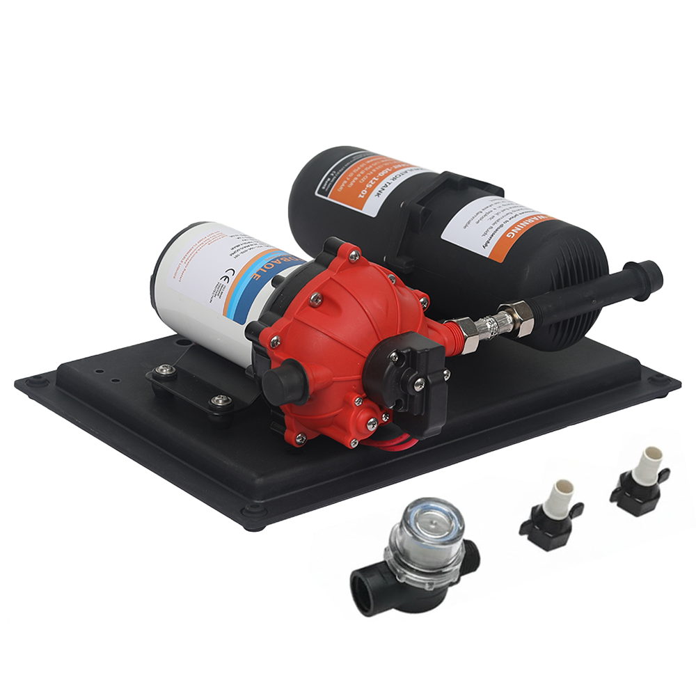 Water pressure system with labelled specifications plate