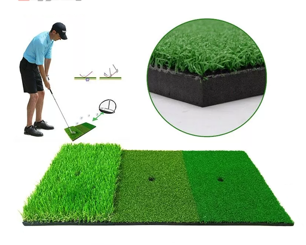 Golf mat placed outdoors on grass for practice