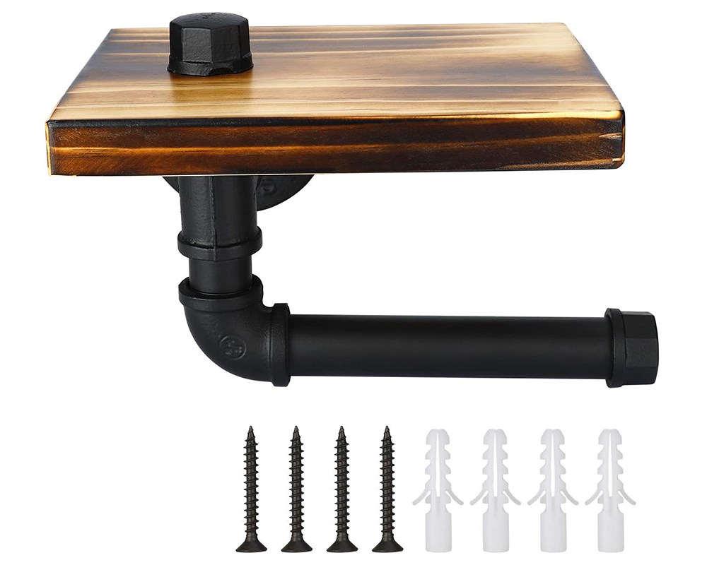 Industrial Toilet Paper Holder with Rustic Wooden Shelf