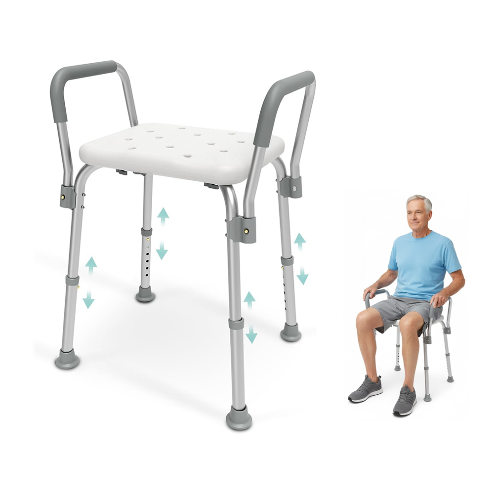 Front view of adjustable shower stool with wide seat