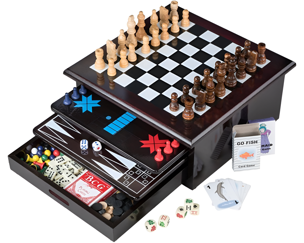 Board Game Set – Wooden 15-in-1 Family Board Game Set Chess Set Cards & More