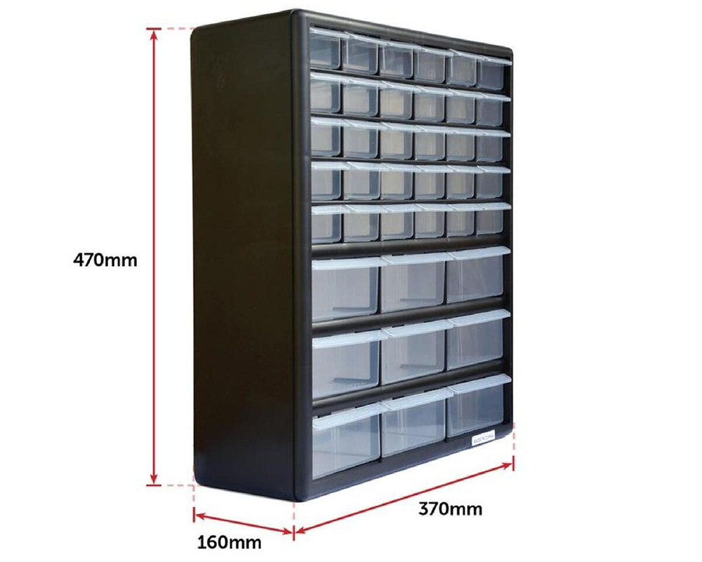 Close-up of small and large plastic drawers in cabinet