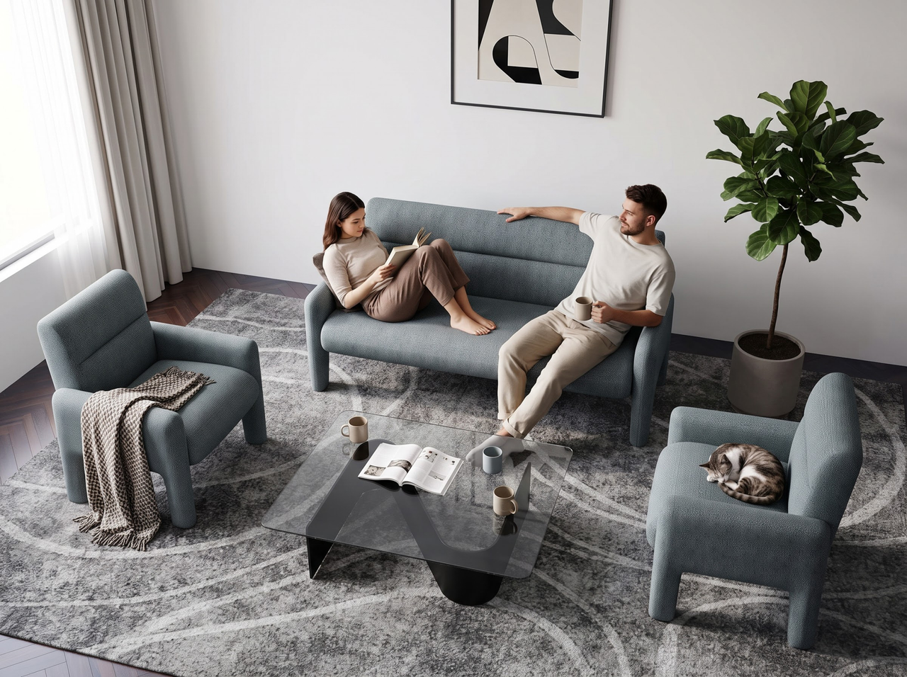 Sky Blue 3 Seater Sofa Modern Chenille KD Sofa for Living Room