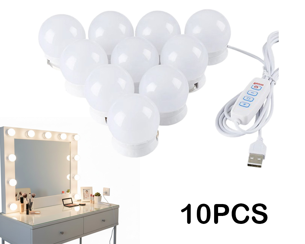 LED vanity mirror light bulbs on white cable