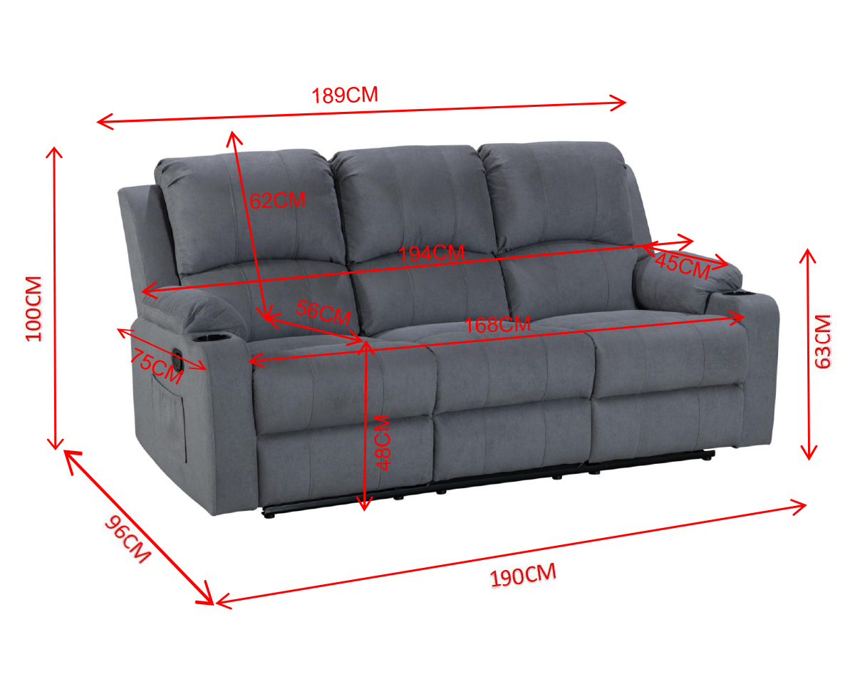 NovaCloud Fabric 3 Seater Recliner Sofa