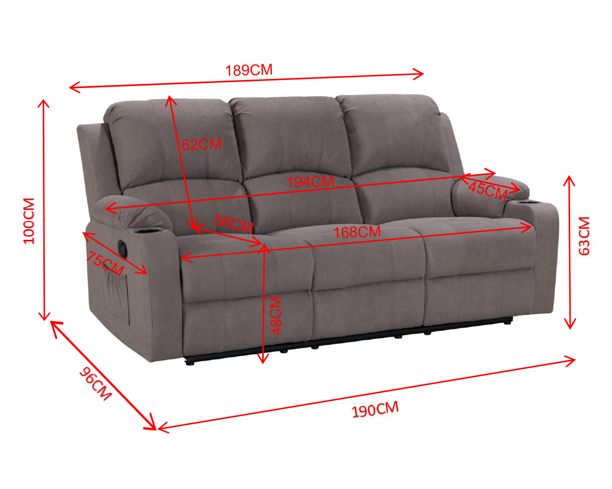 NovaCloud Fabric 3 Seater Recliner Sofa