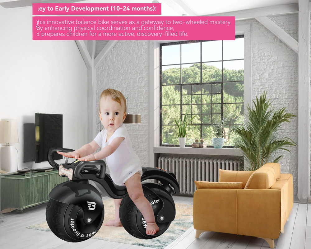 Ride-On Balance Bike with Music and Parent Push Bar