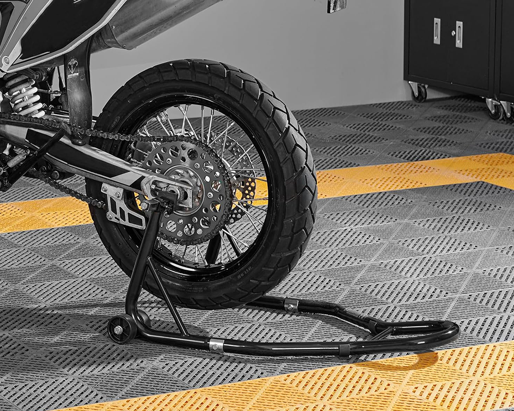 Motorcycle stand easy assembly with guide