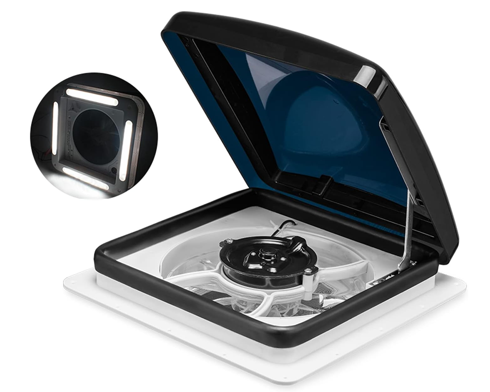 RV Roof Vent Fan with LED Lights top view showing grey lid
