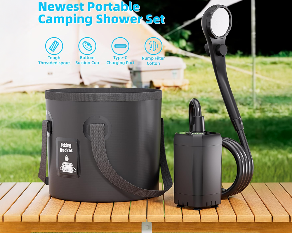 Portable Camping Shower Kit with Folding Bucket