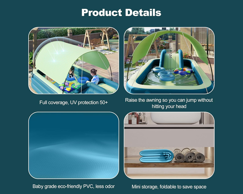 Family enjoying inflatable pool with slide