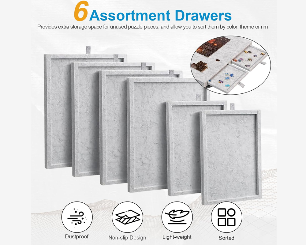 Puzzle table with 6 functional drawers open
