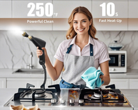 Thumbnail for Person using the compact handheld steam cleaner to clean grout lines on bathroom tiles.