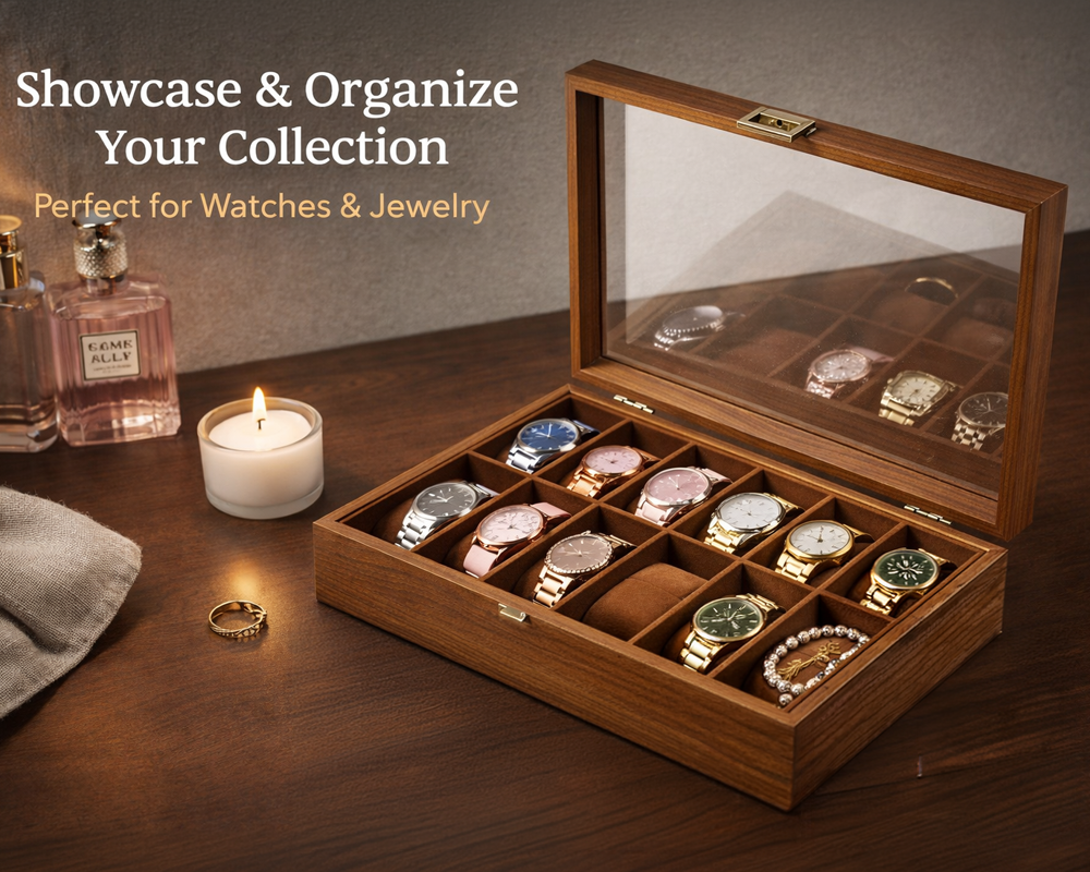 12 Slot Wooden Watch Display Case with Glass Lid Watch Box Organiser