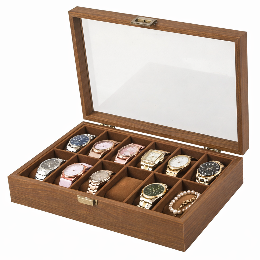 12 Slot Wooden Watch Display Case with Glass Lid Watch Box Organiser